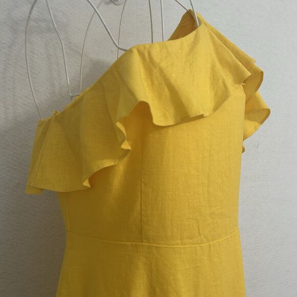 A New Day Dress Women 14 Yellow Linen Ruffle Darts 1 Shoulder Party Salsa NWT - Picture 9 of 15